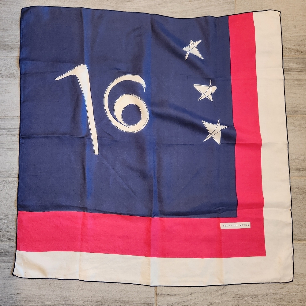 Vintage Geoffrey Beene scarf women's blue red stars 100% silk 16 americana USA